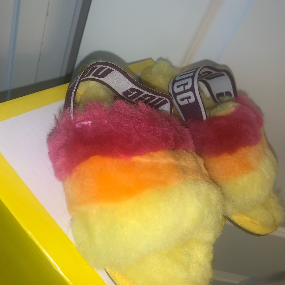 Ugg Rainbow Faux Fur Slides - Yellow Orange Pink